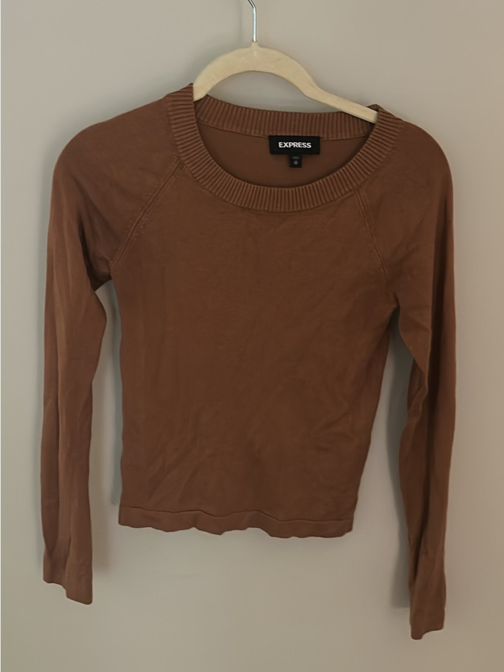 Express Women's Rust Brown Long-Sleeve Crewneck Top